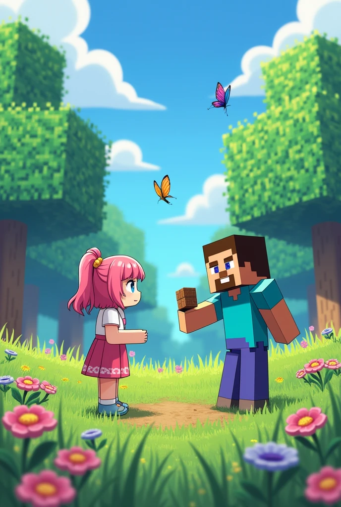 Sayori del doki doki literature club viendo a Steve de minecraft
