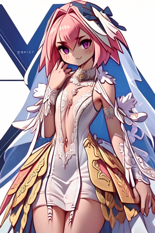 ((masterpiece)), ((best quality)), (detailed), astolfo, Beautiful, Beautifu and slim perfect body, slim body, really female, slim female body, female, flat chest, Pectorals, not breasts, very innocent smile, innocent smile, femboy, boy, bright pink hair, spiky hair, short hair, a long braid, lock of white hair on left side, perfect, solo, gorgeous femenine person, wedding dress, mini dress, dress without shoulder, wedding mini dress without shoulder, bridal veil on the head, small bulge, luscious lips, long hair, flat chest, Pectorals, not breasts, sexy,