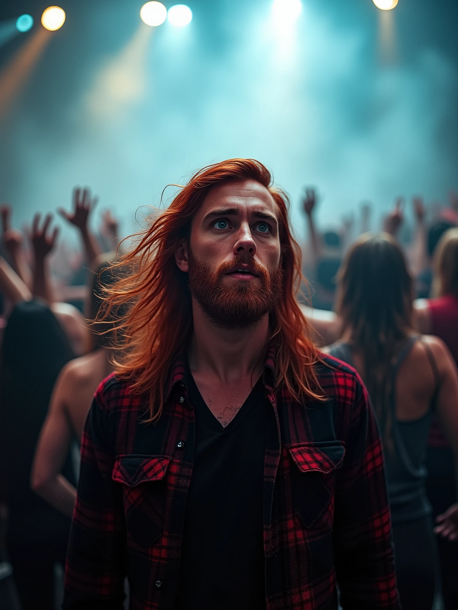 A captivating cinematic scene of a man with long red hair and striking blue eyes, standing alone in a frenetic mosh pit. He sports a classic grunge outfit with a black and red flannel shirt, and his intense gaze conveys his immersion in the music. The metal band on stage is shrouded in a haze of smoke and bright lights, their instruments reflecting a fierce energy. The mosh pit is a whirlwind of movement, capturing the raw power of rock and roll., cinematic