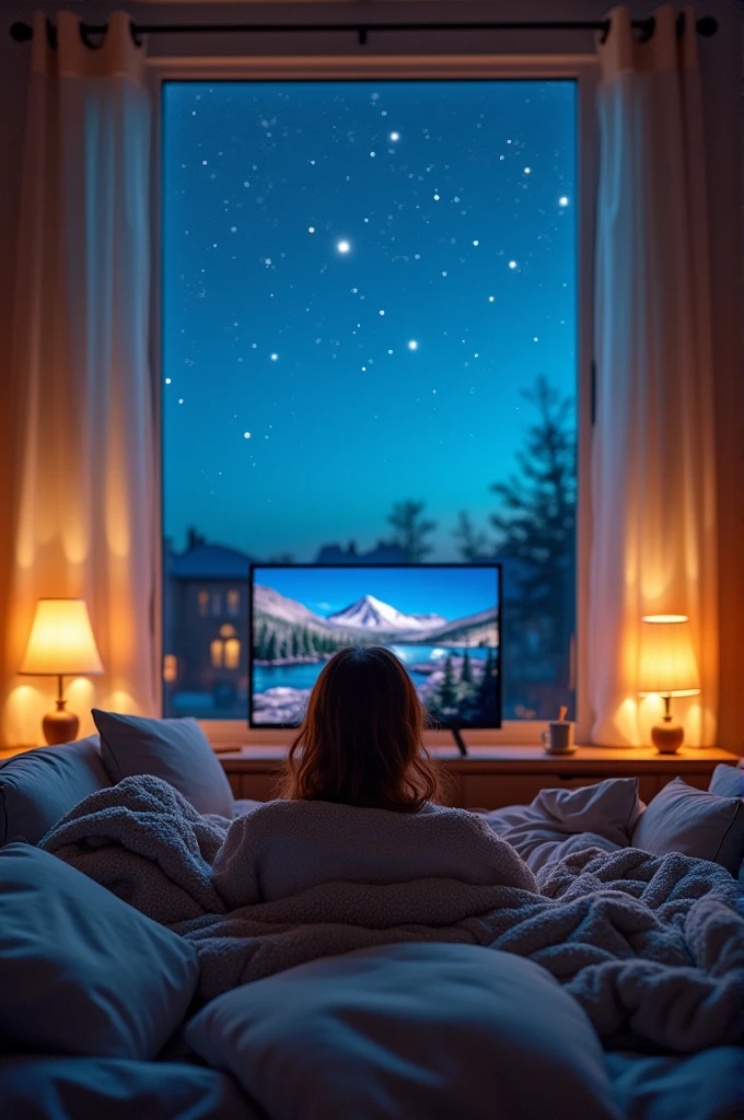 A beatiful cozy blue sky night and i am watching tv