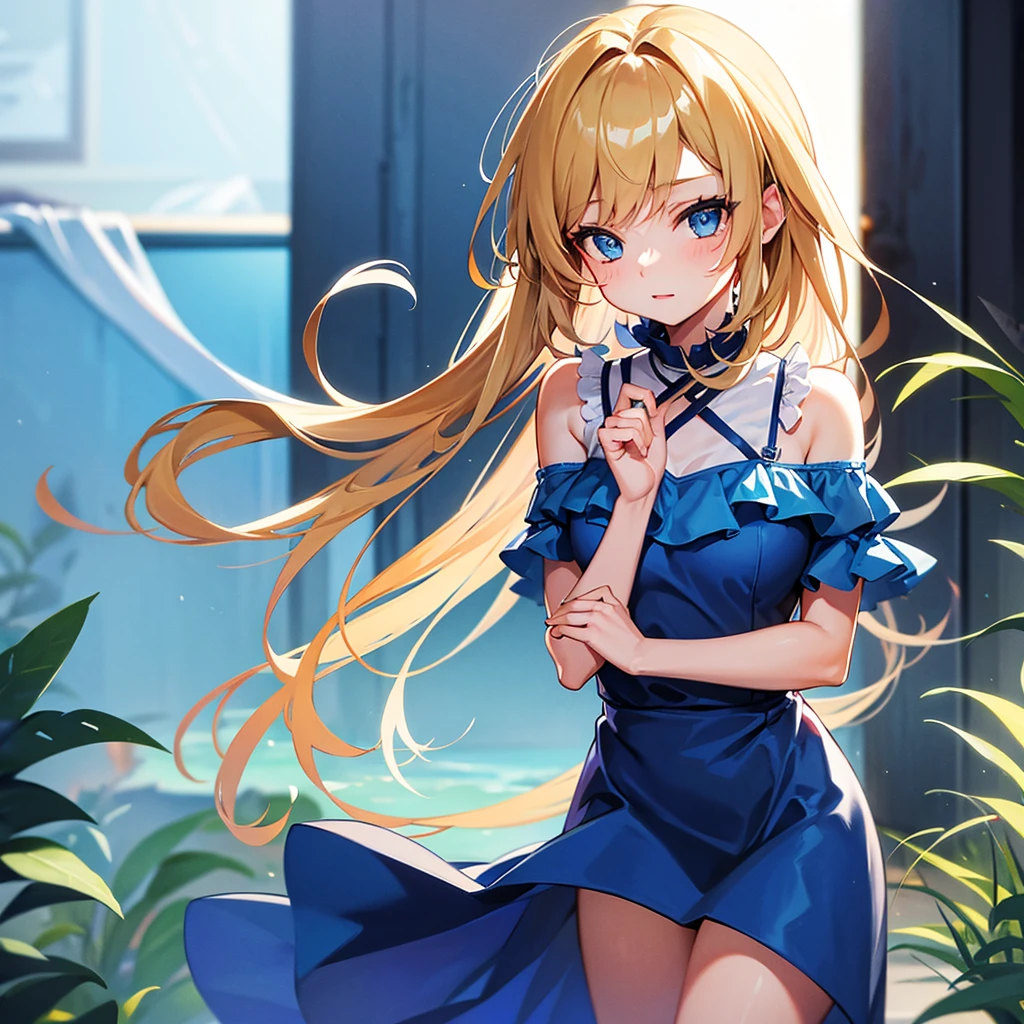 A girl wearing a blue dress