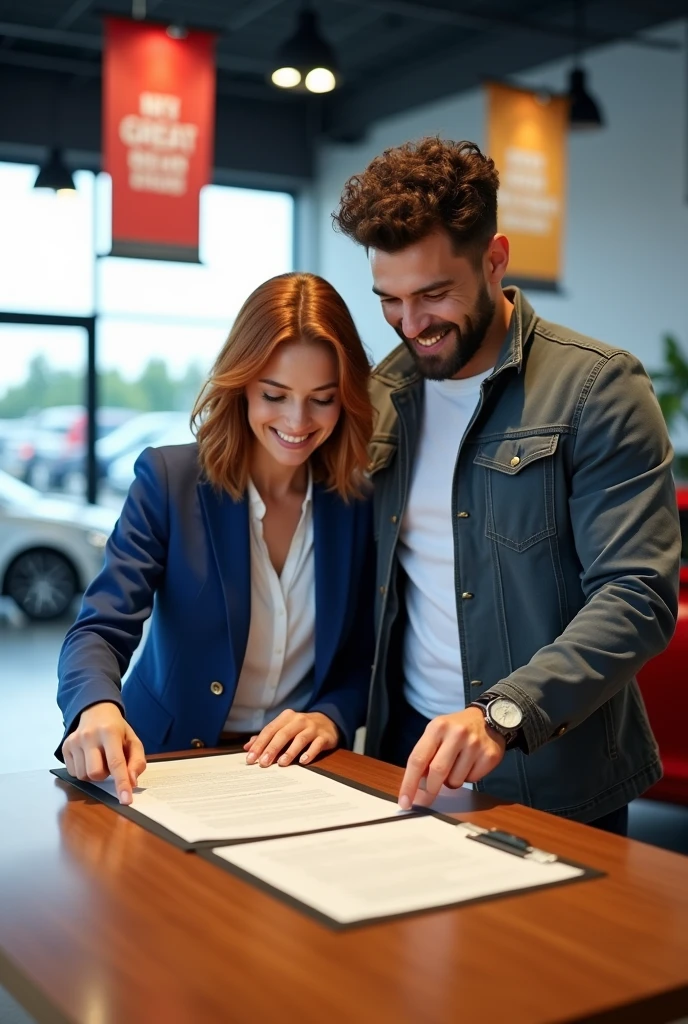 Two people signed a car purchase contract.