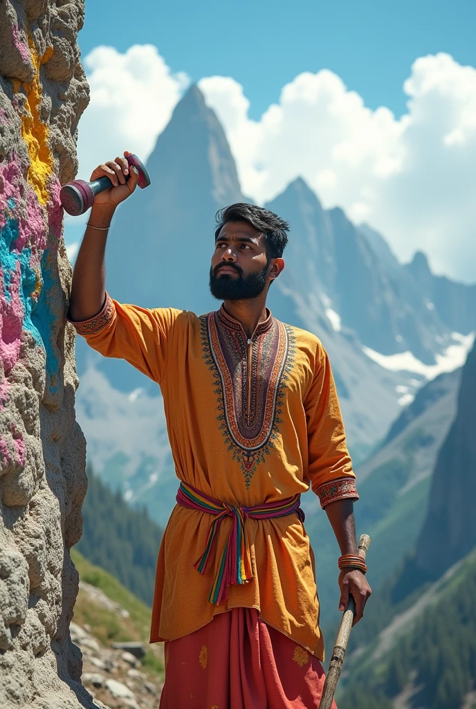 An image of an Indian man with a hammer and a paintbrush breaking a mountain