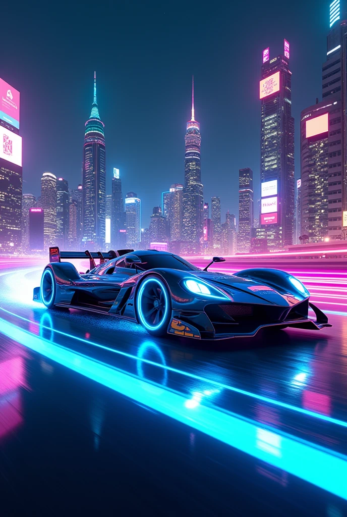 (((best quality))),(((ultra detailed))),(((masterpiece))),illustration, speed lines effect, An extraordinary and highly detailed artwork capturing a futuristic cyber-era race car. The car features a sleek and futuristic design with a metallic finish, showcasing intricate lines and adorned with vibrant neon lights. The tires emit a mesmerizing blue electric glow, adding to the dynamic energy of the scene. The race car appears to be speeding through a cityscape at night, with buildings and skyscrapers illuminated by dazzling lights. This high-definition masterpiece is reminiscent of the finest artworks by visionary artists like Syd Mead, Daniel Simon, and Scott Robertson. strafed image of a car driving on a highway with a blurred background, background art, 4K HD illustrative wallpaper, futuristic super car render, neon-noir background, PC screenshot, 4K wallpaper, 4k wallpaper, digitally painted, octane rendered, 3840 x 2160, 3840x2160