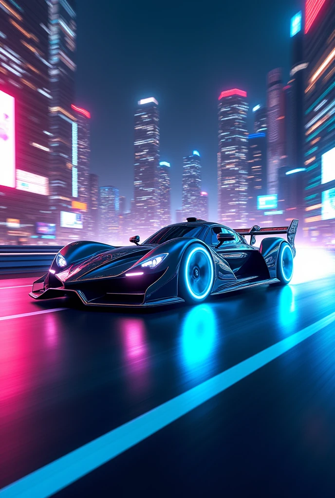 (((best quality))),(((ultra detailed))),(((masterpiece))),illustration, speed lines effect, An extraordinary and highly detailed artwork capturing a futuristic cyber-era race car. The car features a sleek and futuristic design with a metallic finish, showcasing intricate lines and adorned with vibrant neon lights. The tires emit a mesmerizing blue electric glow, adding to the dynamic energy of the scene. The race car appears to be speeding through a cityscape at night, with buildings and skyscrapers illuminated by dazzling lights. This high-definition masterpiece is reminiscent of the finest artworks by visionary artists like Syd Mead, Daniel Simon, and Scott Robertson. strafed image of a car driving on a highway with a blurred background, background art, 4K HD illustrative wallpaper, futuristic super car render, neon-noir background, PC screenshot, 4K wallpaper, 4k wallpaper, digitally painted, octane rendered, 3840 x 2160, 3840x2160