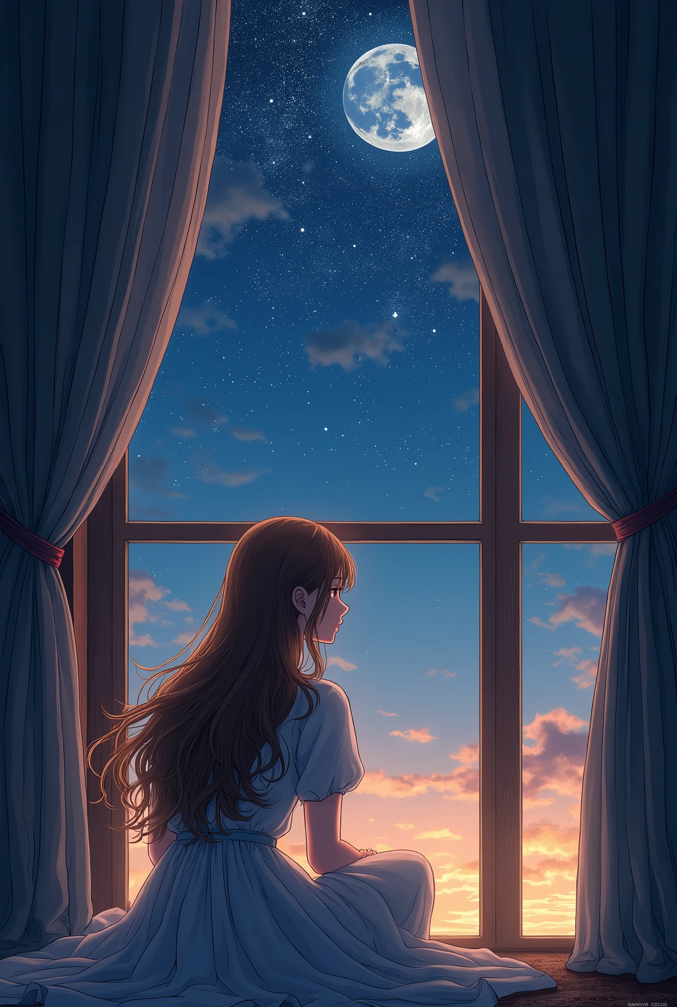 Highest quality, Manga-style profile, soft light, Night Ultra High Resolution, (Realistic:1.4), RAW Photos, A 20-year-old woman with long, light brown hair, alone., cute, A face full of sorrow, beautiful in every detail,Cute castle window big window curtain sitting by the window night night sky looking at the sky