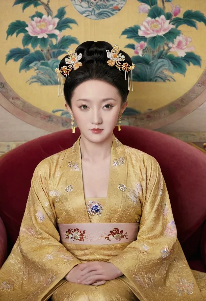 From the pre-Qing period, The Empress sits naked on a large golden sofa in the palace, Her legs were spread, At the Chinese court during the Qing Dynasty, Empress of the Qing Dynasty, Wearing the great crown of the Chinese Empress, Belly and thighs visible from below.。She is completely naked, Showing off gorgeous large flowers and hairpins, She tied her hair up and pulled it up, 背景はEmpress of the Qing Dynastyの豪華な宮殿.
