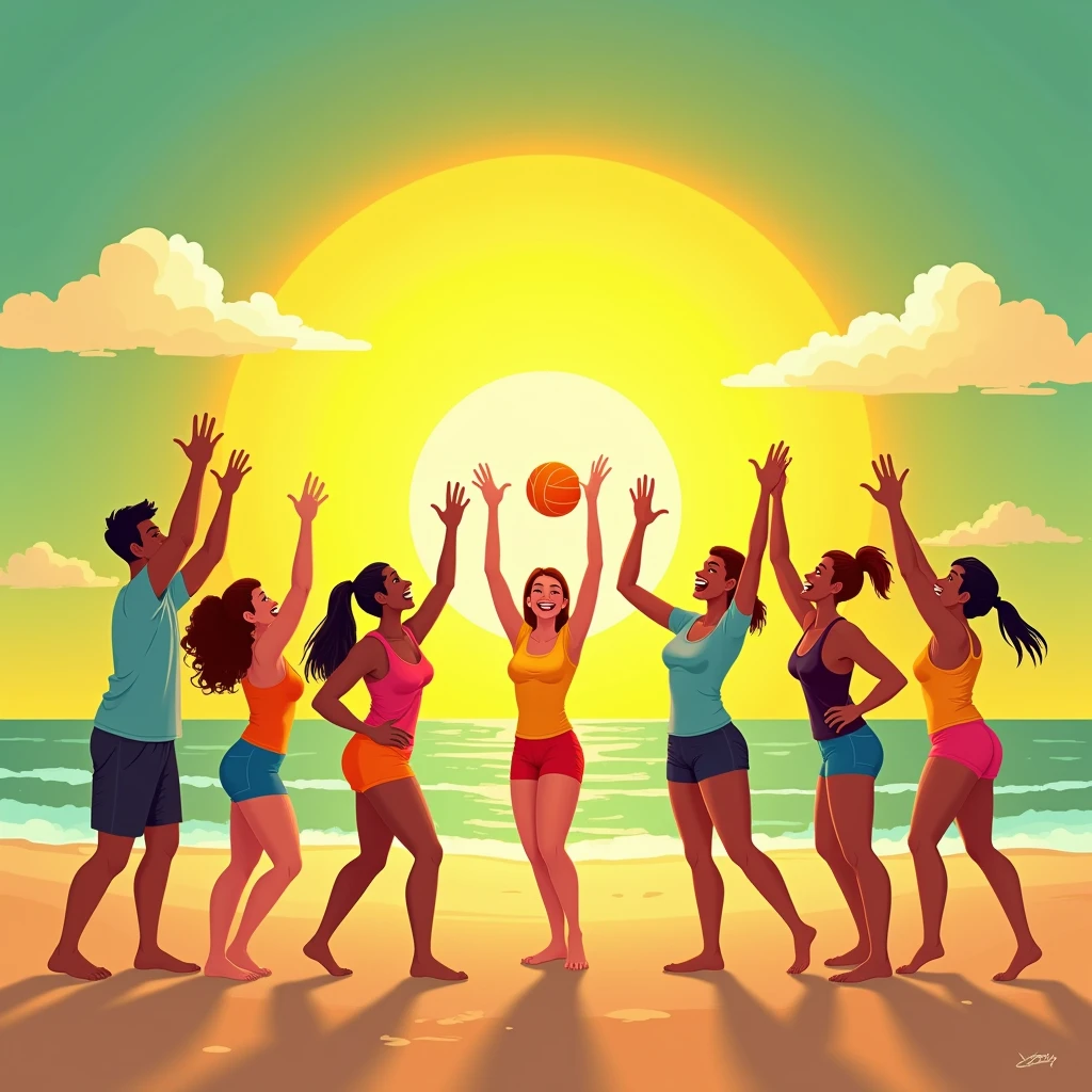 (logo) (2d) The beautiful scenery of the sunrise shines brightly along with everyone playing volleyball together. The beautiful yellow and green colors create a fresh feeling, cheerful. Everyone has only 5 fingers on each hand
