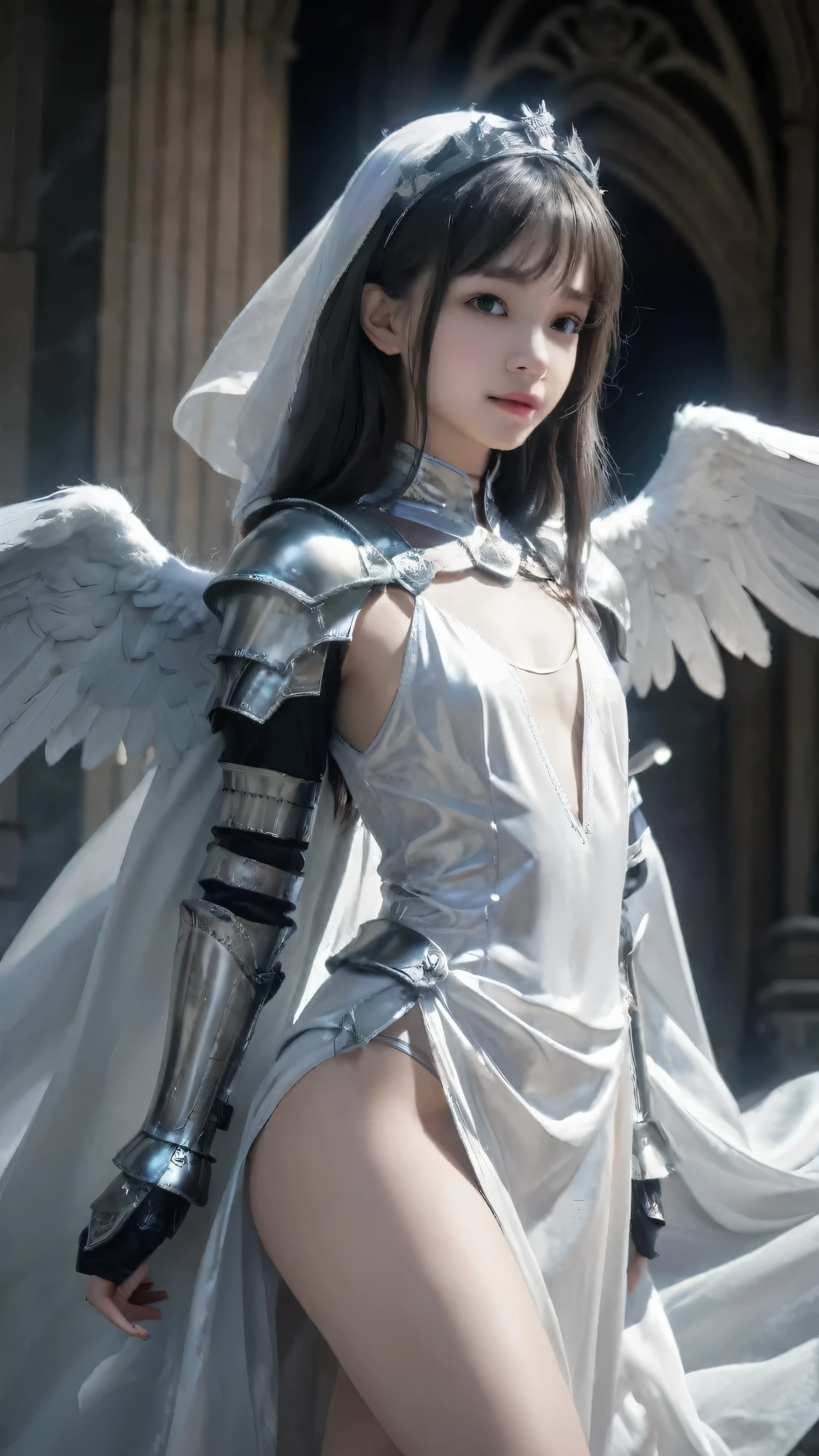 (Spread legs: 1.5),
((Bust size A cup: 1.4)),
(Full body: 1.3), ((Real 16-year-old girl: 1.4)), ((Hashimoto Kanna: 1.4)), (Slender: 1.3),
(Baby face: 1.3), (Beautiful face: 1.3), (Best quality, beautiful eyes with clear contours and high resolution: 1.3), (Beautiful lips with good shape: 1.3), (Cute smile: 1.3), (Best quality, beautiful teeth with good alignment: 1.3), (Cute girl: 1.3) (Lolita: 1.4), (Height 158cm: 1.3),

(Cute face: 1.3), (Best quality, beautiful hands with five correct fingers: 1.3),

(16-year-old masterpiece with a young face, a Valkyrie girl:  1.3), (Tiara with wings: 1.3), 
(A masterpiece of metallic silver armor with detailed decoration: 1.3), (Beautiful white angel wings on both sides: 1.3), (Holding a spear: 1.3), 
(Holding and poised spear: 1.3), (Cloak: 1.3), 

(Highly detailed), (Wallpaper: 1.3), (Dynamic pose: 1.2), , (RAW photo, highest quality: 1.2), (Real photorealistic: 1.2), (Close-up portrait photo: 1.2), (Moon, moonlight, close moon, big moon, soft lighting: 1.3), (Looking at the viewer: 1.2), (Straightened out: 1.2), (Depth of field: 1.2), (Castle, outdoor colorful star trails, gothic architecture: 1.3), (Photorealistic: 1.3), 

, (16k quality,:  1.3), (Best of, : 1.3), (Very Detailed, : 1.3), (Ultra Detailed, : 1.3), (Ultra High Resolution, : 1.3), (All Detailed, : 1.3), (Highest Quality, : 1.3), (Ultra High Quality, : 1.3), (Unreal Engine 5.3, : 1.3), (All in Full Color, : 1.3)