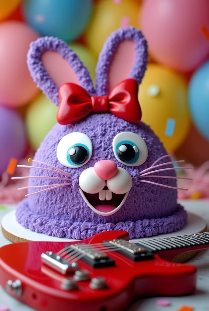 Purple rabbit face cake with a red bow and a red guitar