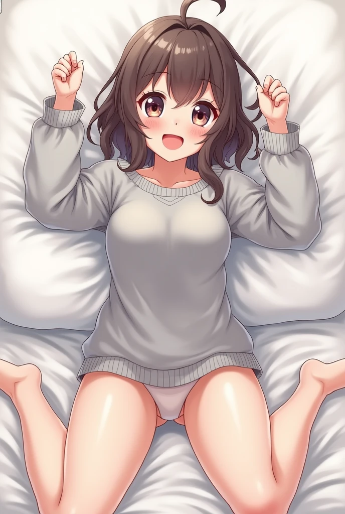 Cute anime girl in grey sweater with no pants or panties with vagina showing no underwear
Hands up showing it off legs spread wide open