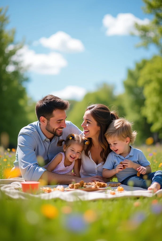 A husband and wife one little daughter and son happy family