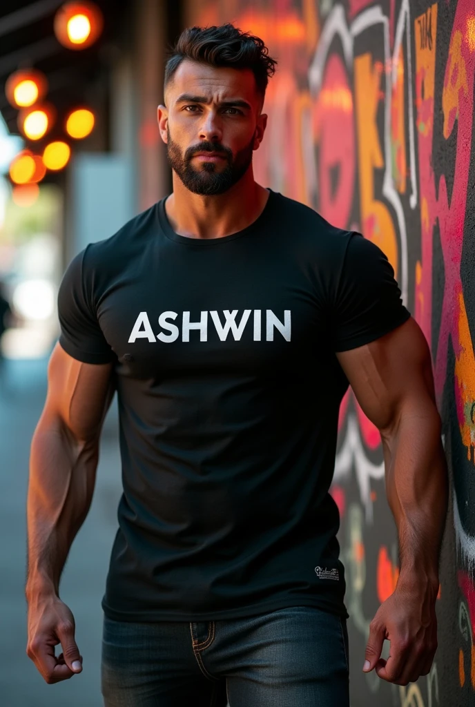 A strong man standing and printed Ashwin name his t shirts back side