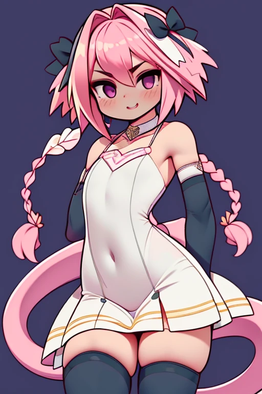 ((masterpiece)), ((best quality)), (detailed), astolfo, Beautiful, Beautifu and slim perfect body, slim body, really female, slim female body, female, flat chest, Pectorals, not breasts, very innocent smile, innocent smile, femboy, boy, bright pink hair, spiky hair, short hair, a long braid, lock of white hair on left side, perfect, solo, gorgeous femenine person, wedding dress, mini dress, dress without shoulder, wedding mini dress without shoulder, bridal veil on the head, small bulge, luscious lips, long hair, flat chest, Pectorals, not breasts, sexy,