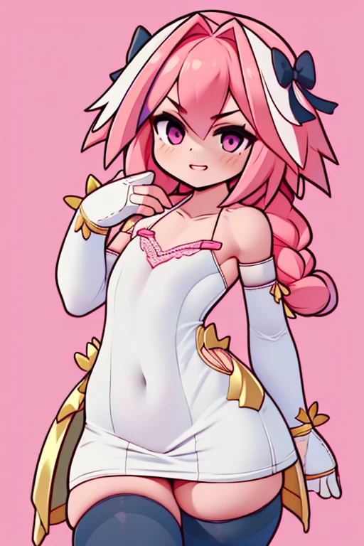 ((masterpiece)), ((best quality)), (detailed), astolfo, Beautiful, Beautifu and slim perfect body, slim body, really female, slim female body, female, flat chest, Pectorals, not breasts, very innocent smile, innocent smile, femboy, boy, bright pink hair, spiky hair, short hair, a long braid, lock of white hair on left side, perfect, solo, gorgeous femenine person, wedding dress, mini dress, dress without shoulder, wedding mini dress without shoulder, bridal veil on the head, small bulge, luscious lips, long hair, flat chest, Pectorals, not breasts, sexy,