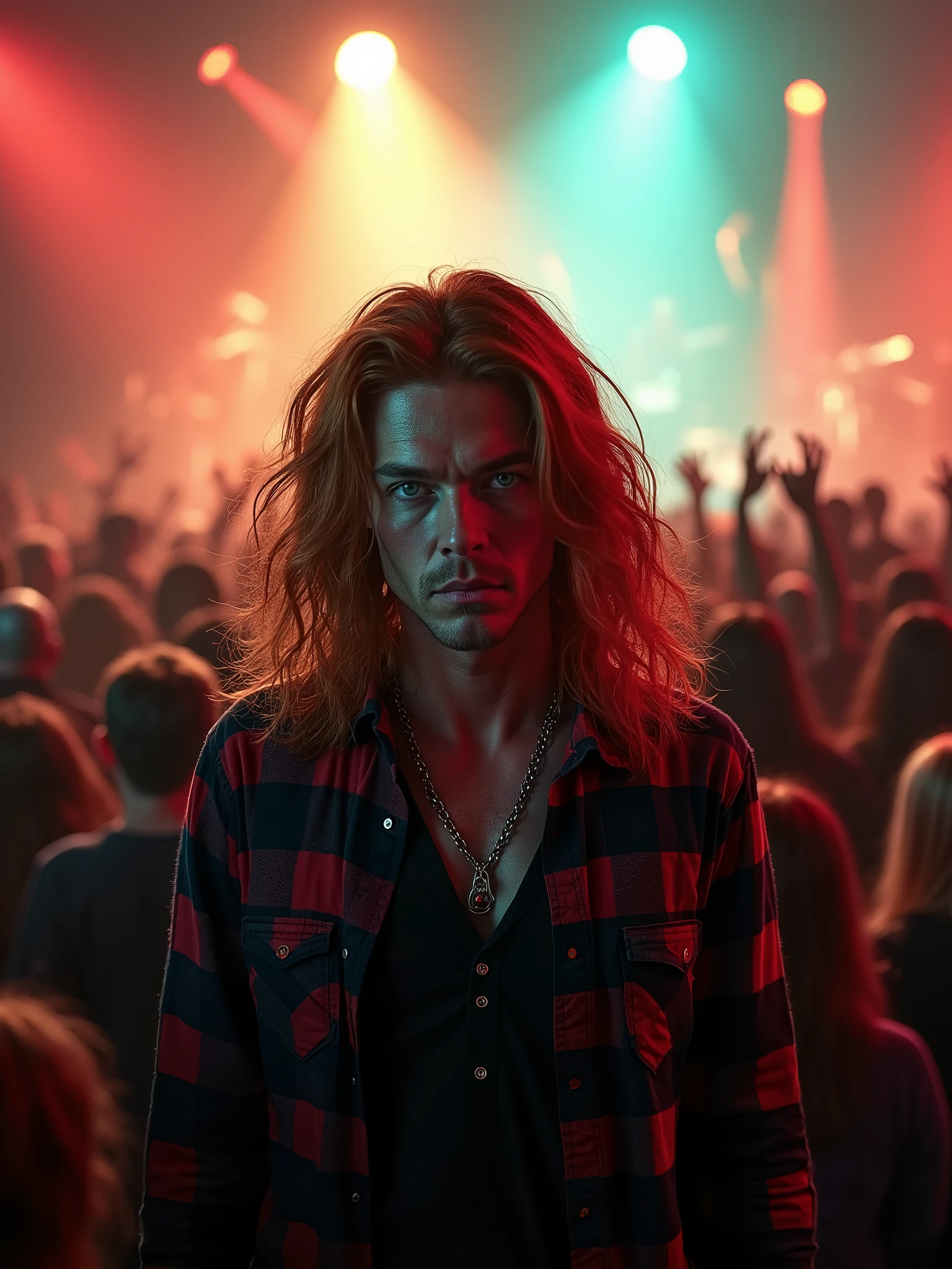A captivating cinematic scene of a man with long red hair and striking blue eyes, standing alone in a frenetic mosh pit. He sports a classic grunge outfit with a black and red flannel shirt, and his intense gaze conveys his immersion in the music. The metal band on stage is shrouded in a haze of smoke and bright lights, their instruments reflecting a fierce energy. The mosh pit is a whirlwind of movement, capturing the raw power of rock and roll., cinematic