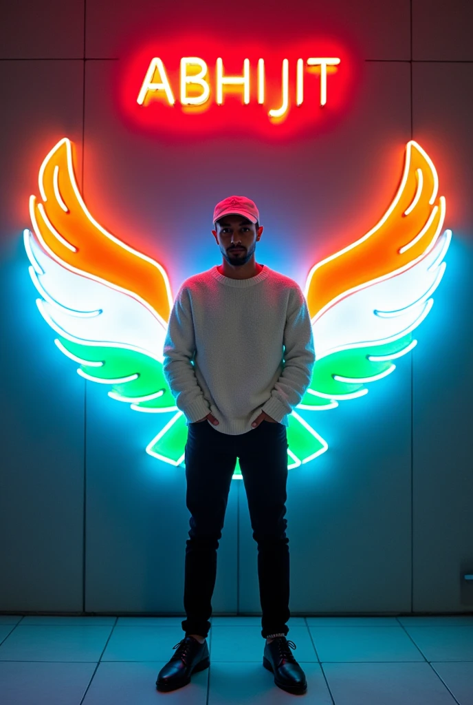 In this striking and futuristic scene, a mysterious individual stands confidently in front of a mesmerizing neon wall. The individual’s casual attire – a white sweater, white cap, black pants, and black shoes – contrasts with the vibrant neon wings in indian flag color, symmetrically placed on either side of the figure. The bold red neon quote “ABHIJIT” adds an inspiring touch to the composition. The floor, made of tiles, reflects the grayish hue of the wall