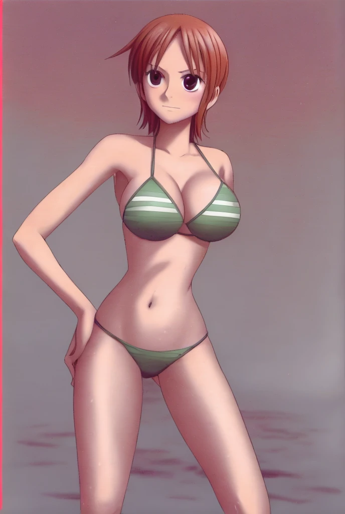 Nami, with her  and beautiful legs, is wearing a bikini and standing with her hands on her hips and her legs spread apart.。
