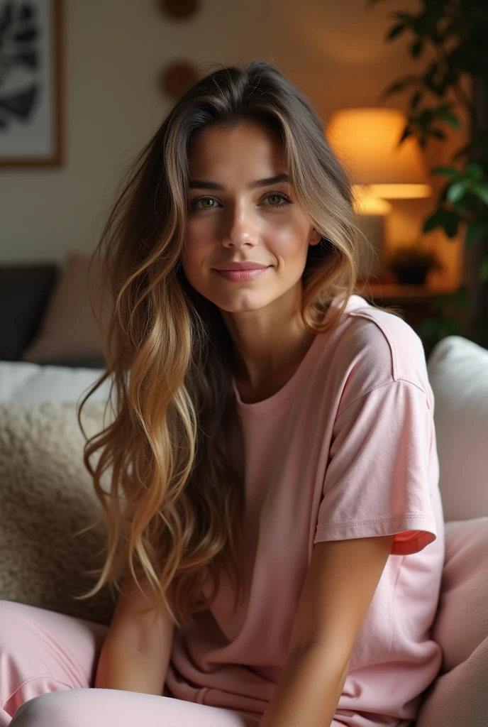 Portrait Real girl 24 year Long hair at home pink tshirt plazo wearing