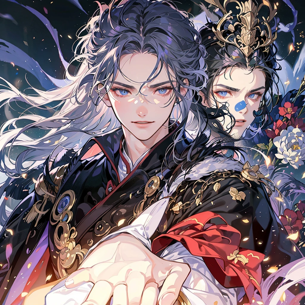 Handsome guy, professional necromancer, white hair, serious expression,
He has deep eyes, wears a robe, holds a skull in his hand, and smiles evilly,
Behind him are skeleton generals in armor and an army of the undead,
Perfect details, exquisite five, 3D Chinese comic and trendy illustration style,
Fighting stance, soft lighting, enhanced shadow details,
Natural light, martial arts action style, Chinese Miao element style,
Exquisite three-dimensional facial features, golden particles floating, particle effects,
Master image quality, master works, composition of national trend illustrators,
Perfect quality long-distance full-body image, 64K