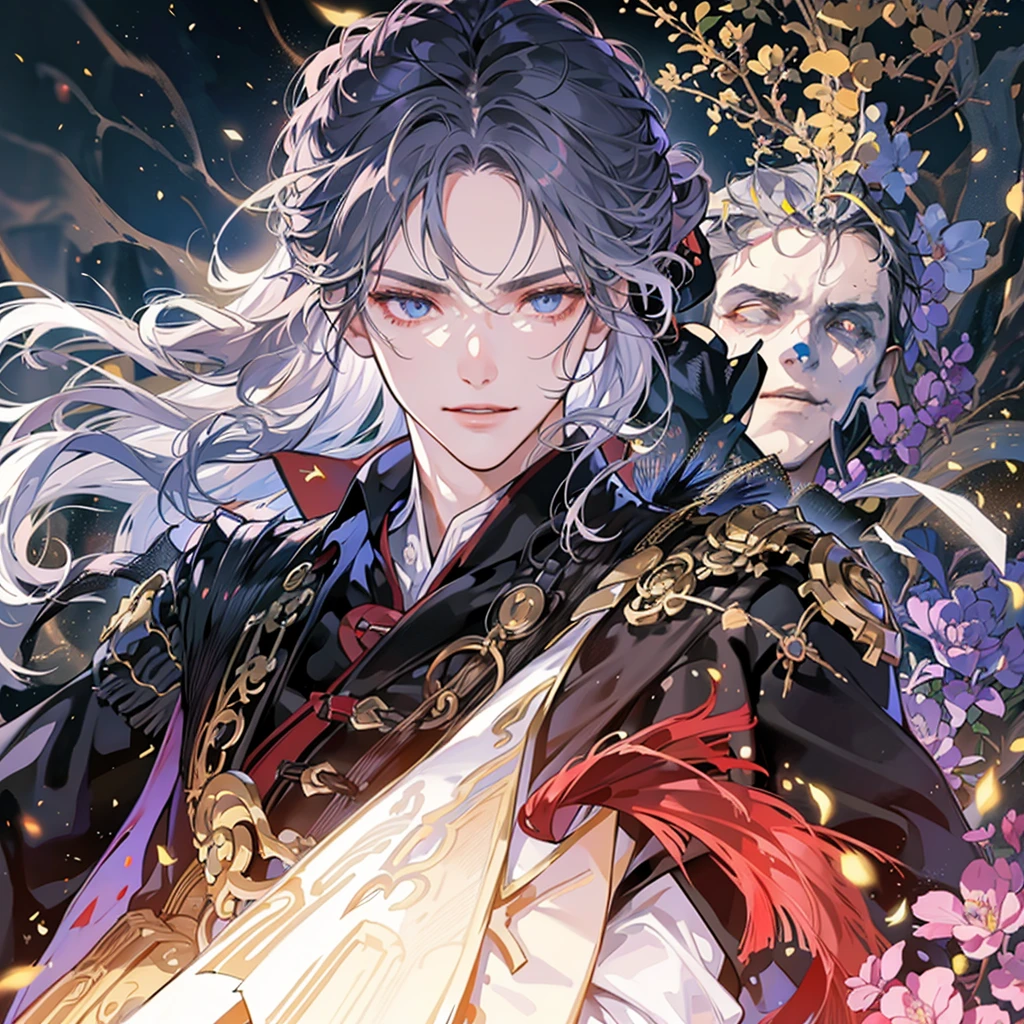 Handsome guy, professional necromancer, white hair, serious expression,
He has deep eyes, wears a robe, holds a skull in his hand, and smiles evilly,
Behind him are skeleton generals in armor and an army of the undead,
Perfect details, exquisite five, 3D Chinese comic and trendy illustration style,
Fighting stance, soft lighting, enhanced shadow details,
Natural light, martial arts action style, Chinese Miao element style,
Exquisite three-dimensional facial features, golden particles floating, particle effects,
Master image quality, master works, composition of national trend illustrators,
Perfect quality long-distance full-body image, 64K