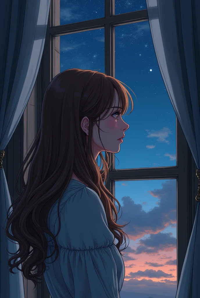 Highest quality, Manga-style profile, soft light, Night Ultra High Resolution, (Realistic:1.4), RAW Photos, A 20-year-old woman with long, light brown hair, alone., cute, A face full of sorrow, beautiful in every detail,Cute castle window large window curtain night night sky looking at the sky