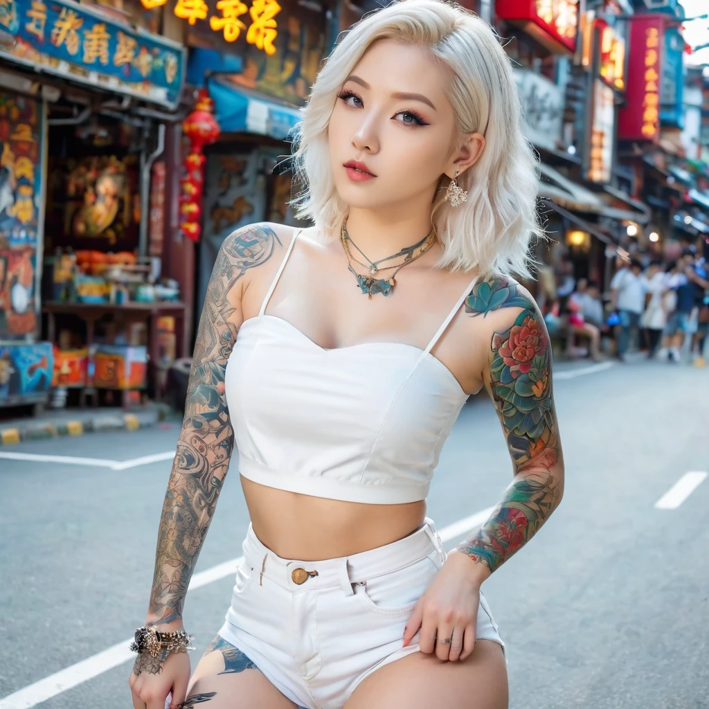 1 girl, solo, (best quality, 4k, Masterpiece, Ultra detailed), beautiful girl with tattoos, perfect white haired girl, pale hair, Wearing a sexy crop top, beautiful body, beautiful and perfect legs, abdomen of Taiwanese girl with tattoos, beautiful perfect and realistic full body, blonde Goddess, sexy look, with tattoos, prom queen, RAW quality.