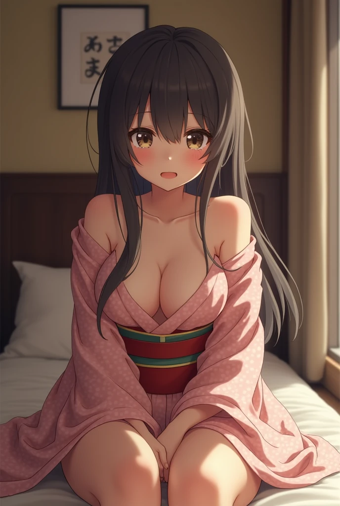 A photo of a woman on a futon in a narrow hotel room。A cute -teerl with a slim body and big eyes wearing off-shoulder YUKATA is sitting facing forward with tears in her eyes, showing her small, pink, young nipples.、Surrender。A fat man with an excited face approaches her from behind and puts his hand inside her yukata and grabs her small breasts.