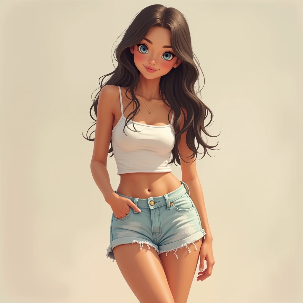 An enchanting 18-year-old brunette standing in a full body view, exuding innocence and natural beauty. She is tall and slender, with a figure that elegantly combines delicate skinny legs and arms, a minuscule waist, and a modestly proportioned bust and backside. Her long, straight hair cascades down her back, framing a face that is the epitome of youthful charm with very blue eyes that sparkle with a hint of mischief. Dressed in a summer ensemble that accentuates her lean physique, she wears a crop top that reveals a sliver of toned midriff and a pair of high-waisted shorts that hug her narrow hips. Despite the heat of the season, she manages to maintain a cool, breezy look with her outfit, which consists of light fabrics that dance around her, revealing glimpses of her flawless skin. The way she holds herself, with a slight tilt of her head and a soft smile playing on her lips, suggests that she is fully aware of her allure and embraces it with a sense of playful confidence. Her posture is relaxed yet poised, as if she's been captured in a moment of pure, unfiltered happiness. The background is a blend of soft pastels, which contrasts beautifully with her tanned complexion and the dark hue of her hair, making her the focal point of the image. Her cute and innocent demeanor is undeniable, yet there is an undeniable sexiness to her that transcends the seasons—from the warmth of summer to the chill of winter, she remains the most beautiful teen anyone has ever laid eyes on.