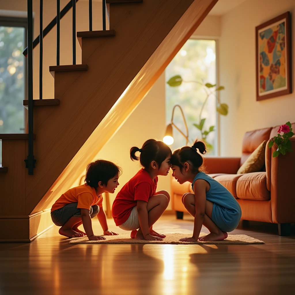 Indian kids hiding under the stairs of an aesthetic home in modernly furnished