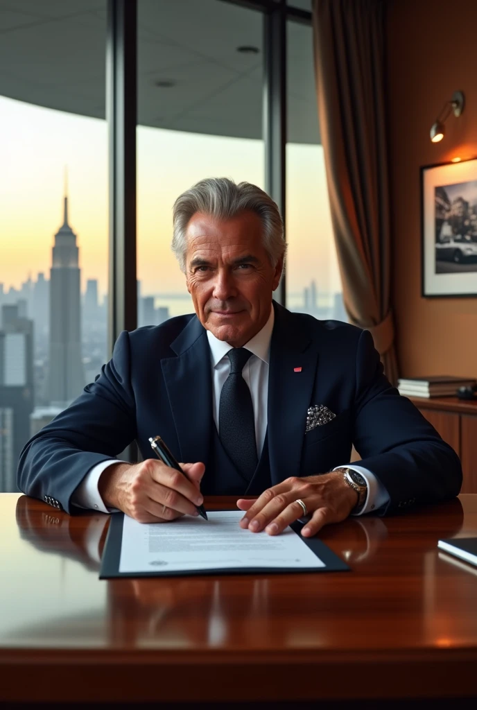 The tycoon is signing a contract to buy a car