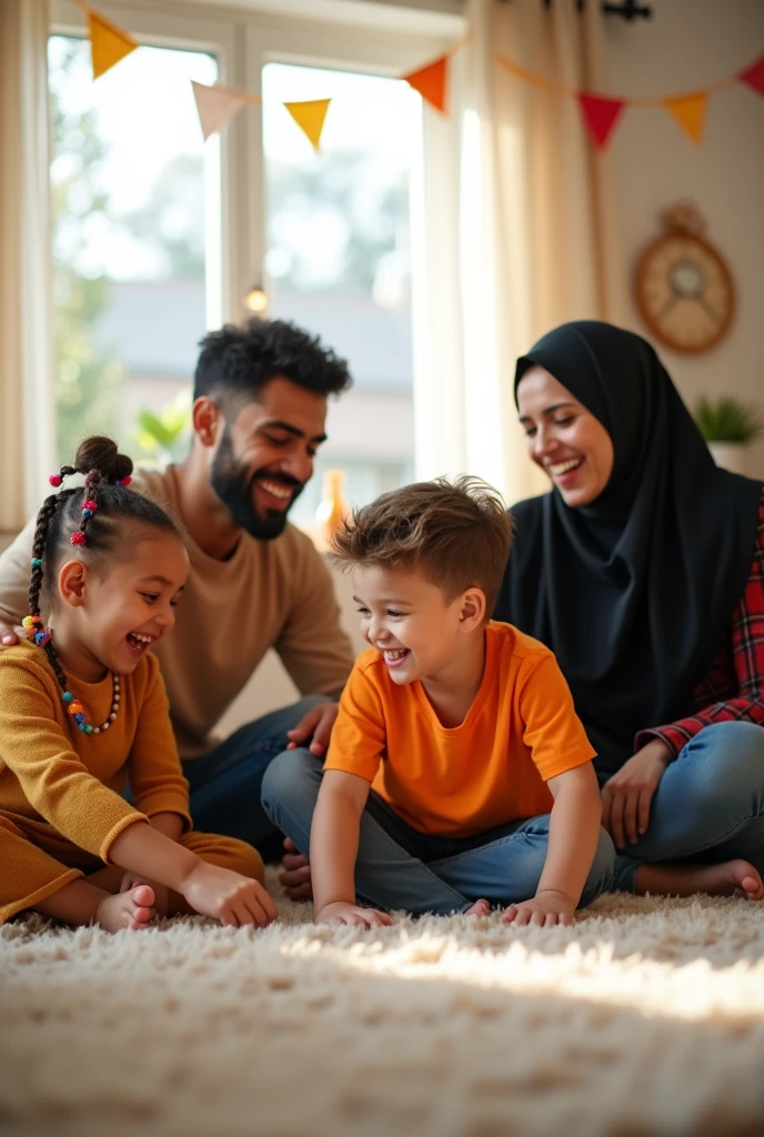 A musilm husband wife one  daughter and son happy family 