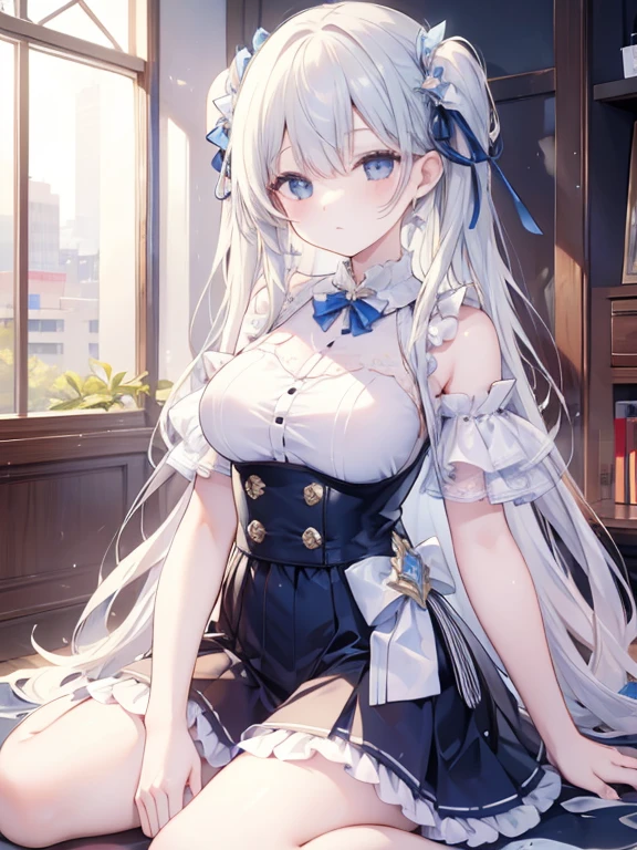((masterpiece:1.4、top-quality:1.2))、1girl in、solofocus、delicated face、Highly detailed anime faces and eyes、(Blur the background:1.3、(transform sequence)、((stright long hair))、Soio、Soio、a 14 year old girl、japanes、Lori、Chiquita、a junior high school student、A dark-haired、((White and blue maid style leotard))、(highleg)、Tiara on the head、A smile、is standing、Facing the front、cowboy shot、