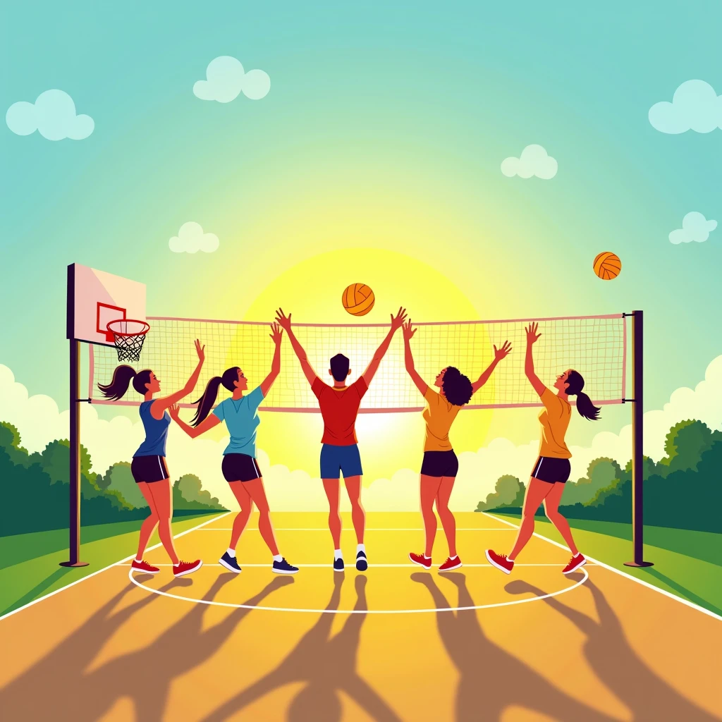 (logo) (2d) The beautiful scenery of the sunrise shines brightly along with everyone playing volleyball together. The beautiful yellow and green colors create a fresh feeling, cheerful. Everyone has only 5 fingers on each hand. The sky is bright. There is a court and a basketball net