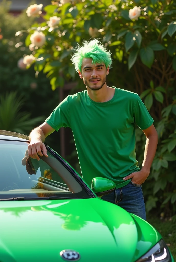 Picture of a man with light green hair in a green shirt standing against a green car.