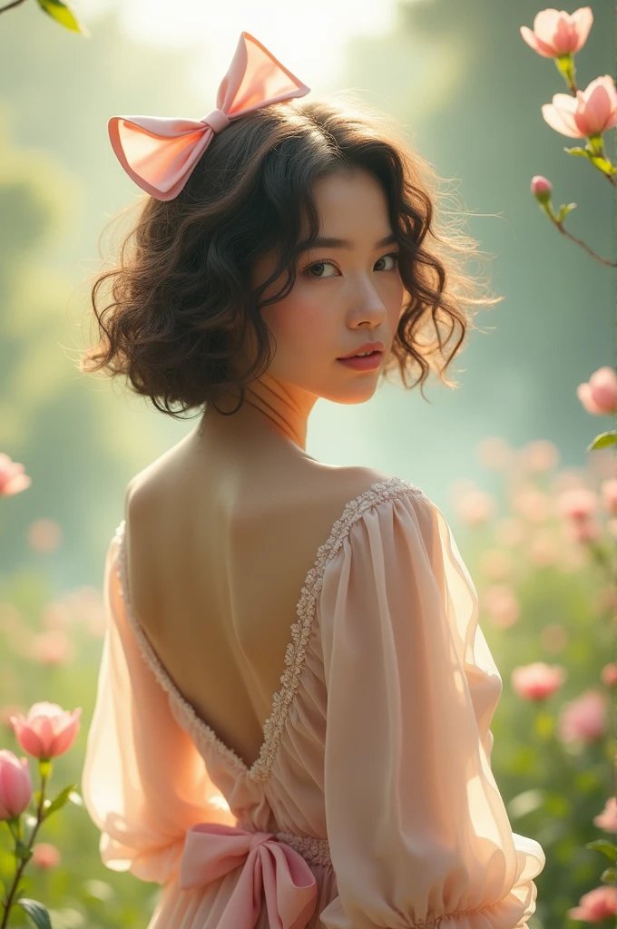 8k, beautiful girl. Looking innocent . She has short, curly, shoulder-length hair and a large bow at the back of her hair. Both cheeks are covered with hair. She has very big breasts and she wears a thin shirt