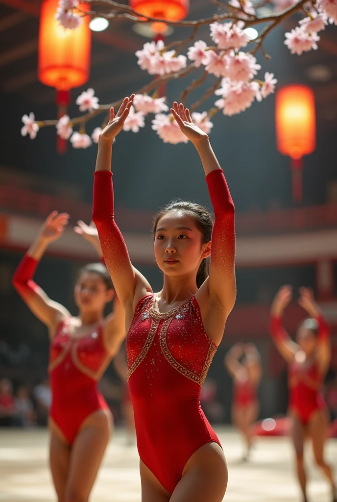 a beautiful aged 18 chinese rhythmic gymnastics, tall, pale skin, sweating skin, sexy, buttocks, semi nude, dancing, photorealistic, (side view)