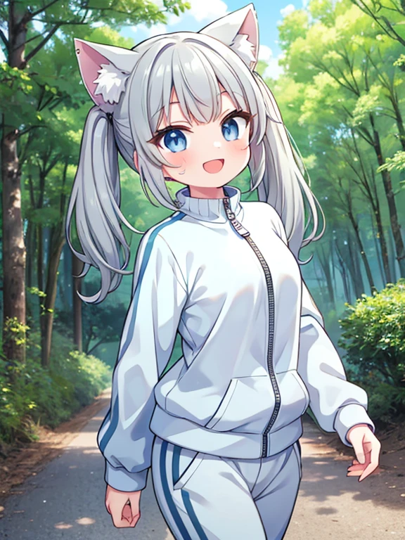 Jersey with zipper, Sweat pants, 1 girl, cute, Cat ear, Gray hair medium twin tails, (smile:1.3), (Open your mouth:1.3), (walk:1.3), blue sky, forest, Forest road, Outdoor, Cowboy Shot, ((Highest quality)), ((masterpiece)), (detailed), Perfect Face, Perfect Arms, (Perfect hands), (Perfect Fingers), anime, Ultra-fine illustration,