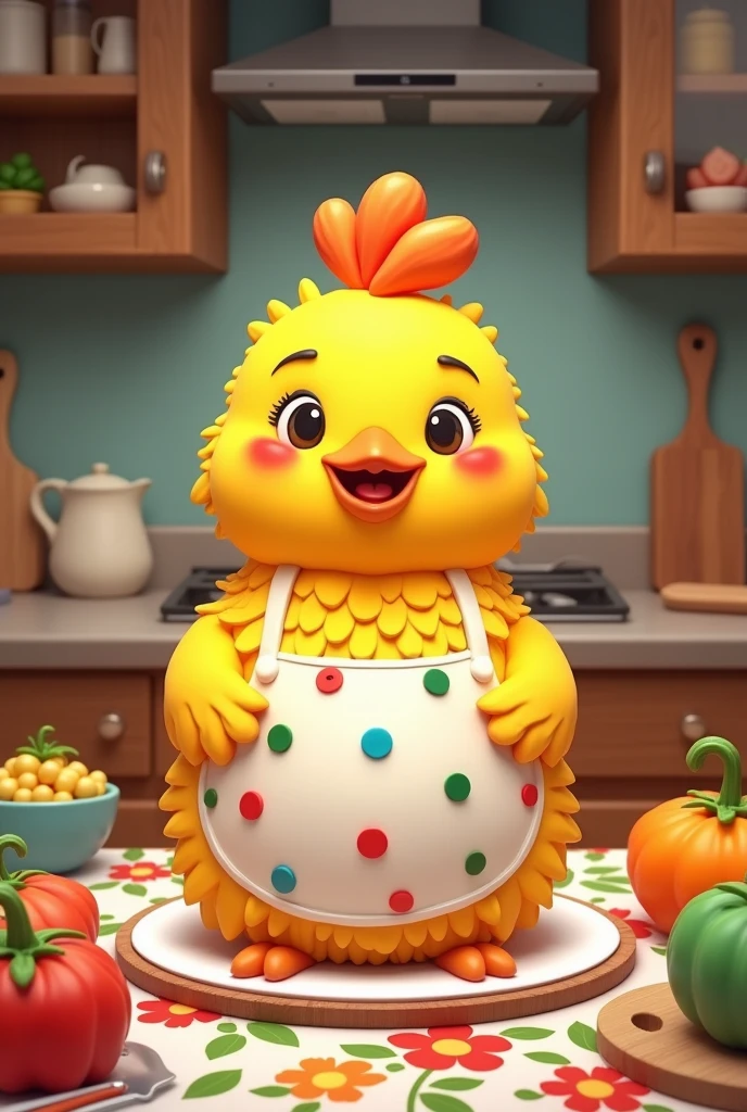 A yellow chicken face cake wearing an apron