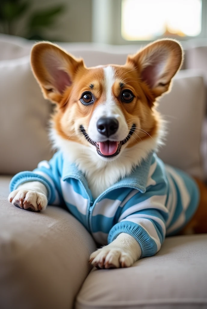 Corgi dog
Round like a pig
Wearing pajamas
Sitting on the sofa like a human
Relaxing