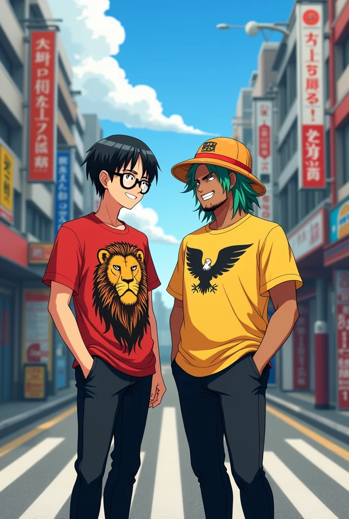 2 men,Japanese,Black hair,Red short-sleeved shirt with a lion image,black pants,black shoes,Black glasses,Age 20,178cm tall,Not very overweight, just right,green hair,Yellow short-sleeved shirt with an eagle image,black pants,black shoes,Hat with Roronoa Zoro's image,Age 22,176cm tall,Slightly overweight