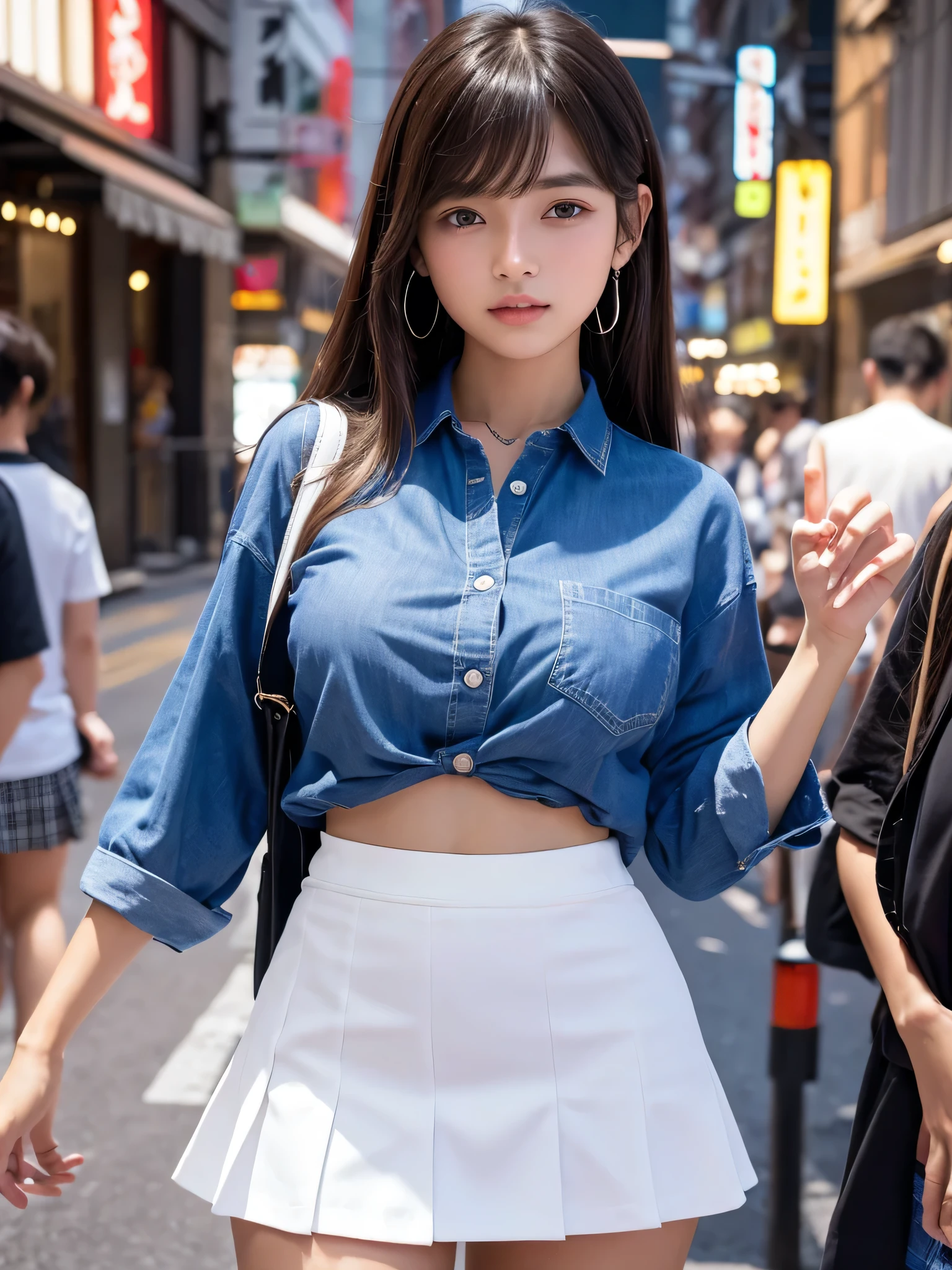Product quality,1 girl,Cowboy Shot,Front view,Japan young,20-year-old,Harajuku,(Crowded street:1.2),(Stylish blue shirt:1.5),Fashionable Bags,Fashionable necklaces,Stylish Earrings,((White Ultra Short Micro Mini Skirt:1.5)),Asian Girl,Very cute face,Glossy Lips,Double eyelids on both eyes,(Natural Makeup),shiny smooth light brown long hair,,,,Asymmetrical bangs,Center image,8k resolution,Attention to detail,Detailed hairstyle,Detailed face,Cinema Lighting,Octane Rendering,Ultra-realistic,Perfect limbs,(Detailed fingers:1.3),Beautiful feet,((Voluptuous thighs:1.2)),((Huge breasts:1.2)),((Perfect Anatomy:1.5))