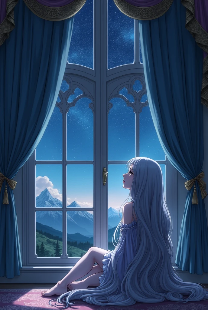 Highest quality, Manga-style profile, soft light, Night Ultra High Resolution, (Realistic:1.4), RAW Photos, 20 year old woman with long hair, silver hair, alone, cute, A face full of sorrow, beautiful in every detail,Cute castle window large window curtain night night sky looking at the sky