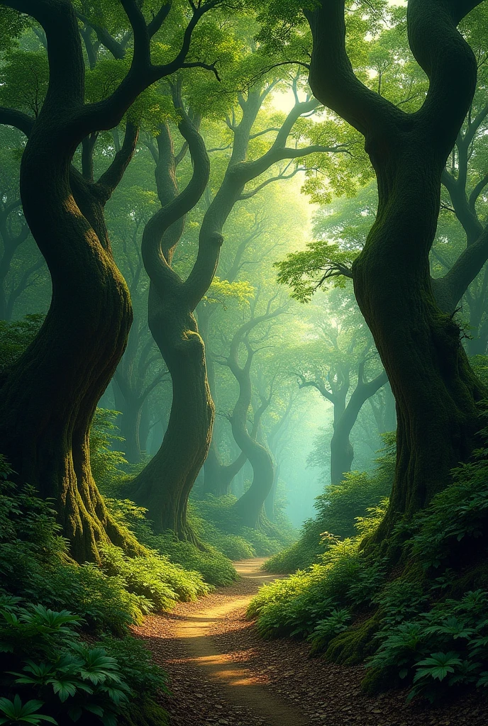 Dark green background with forest vibes and long chain of tress