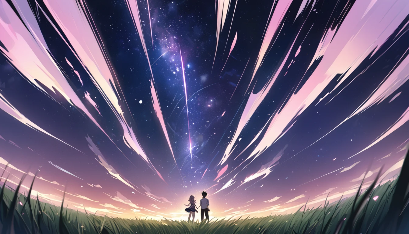 good looking, 2 high school students, Date,1 male, 1 female,Dark brown hair, Pink highlights on the tip, Pale pink eyes,A vast night sky with twinkling stars,A vast grassland,Surprised expression