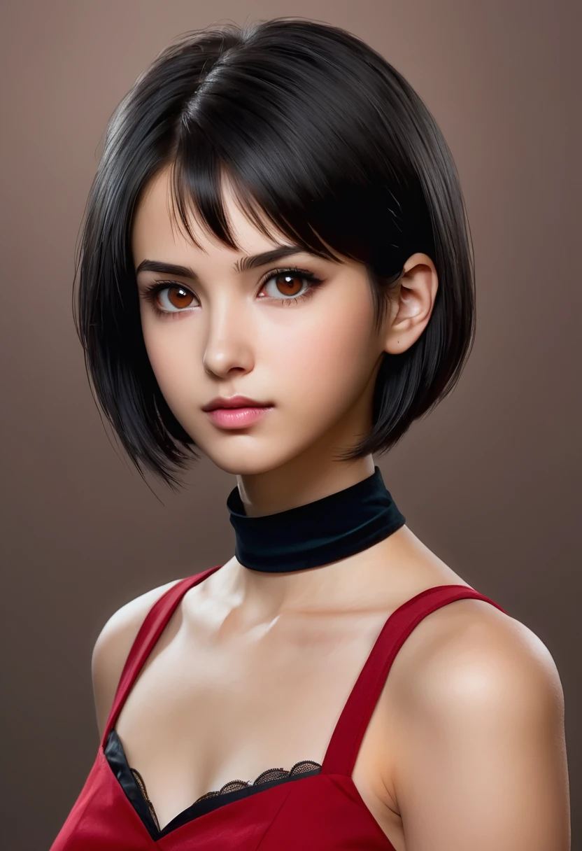 score_9, score_8_up, score_7_up, score_6_up
RE4Ada, 1girl, black hair, short hair, brown eyes, looking at viewer, simple background, portrait, red dress, choker