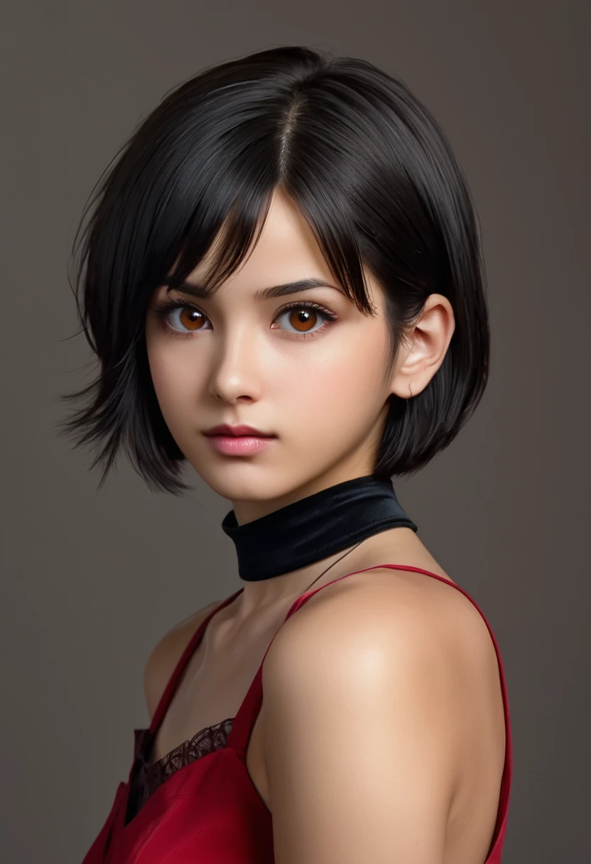 score_9, score_8_up, score_7_up, score_6_up
RE4Ada, 1girl, black hair, short hair, brown eyes, looking at viewer, simple background, portrait, red dress, choker