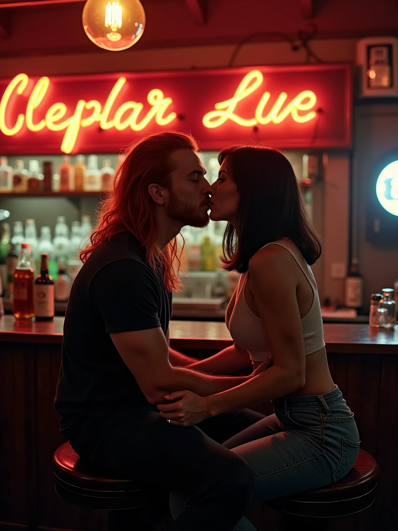 A captivating cinematic scene of a man with long, fiery red hair and piercing blue eyes passionately kissing a woman with dark shoulder-length hair. They sit on a dimly lit bar stool, surrounded by the warm ambiance of a classic bar with vintage neon signs and bottles lining the walls. The couple's intense gaze and the gentle touch of their hands create an electric atmosphere, making the viewer feel the depth of their connection., cinematic
