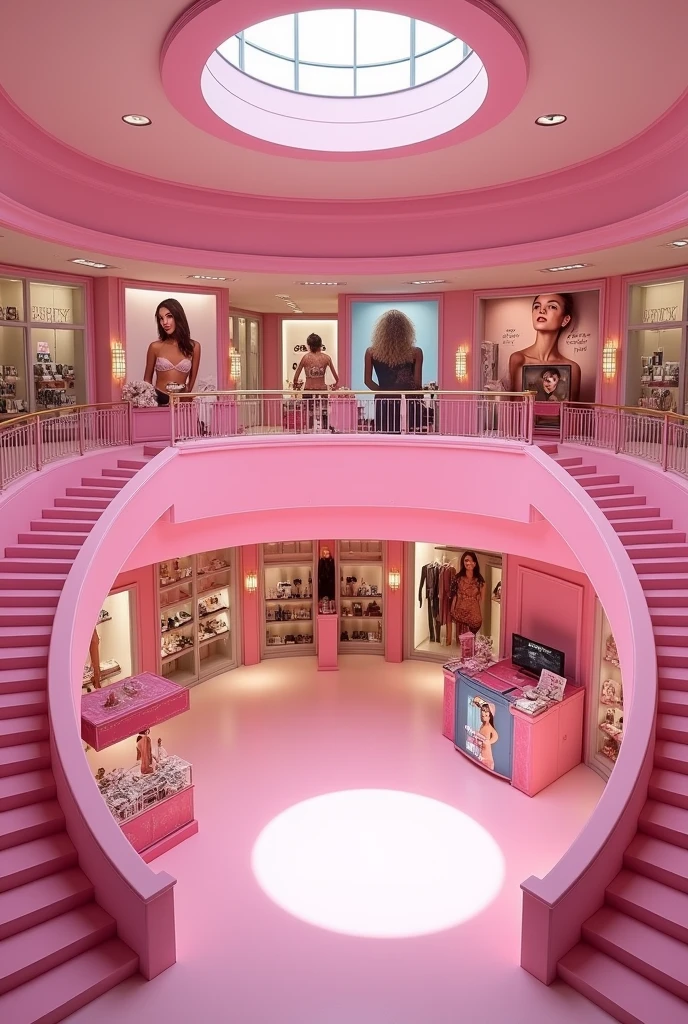 (photorealism:1.2) An empty large 2 stories girly pink shopping mall inside, pink wide staircases, Posters of sexy women in sexy lingerie hanging from the walls, with only sexy lingerie stores and pink kiosks selling magazines with sexy lingerie girls on the cover, realistic, intricate details
