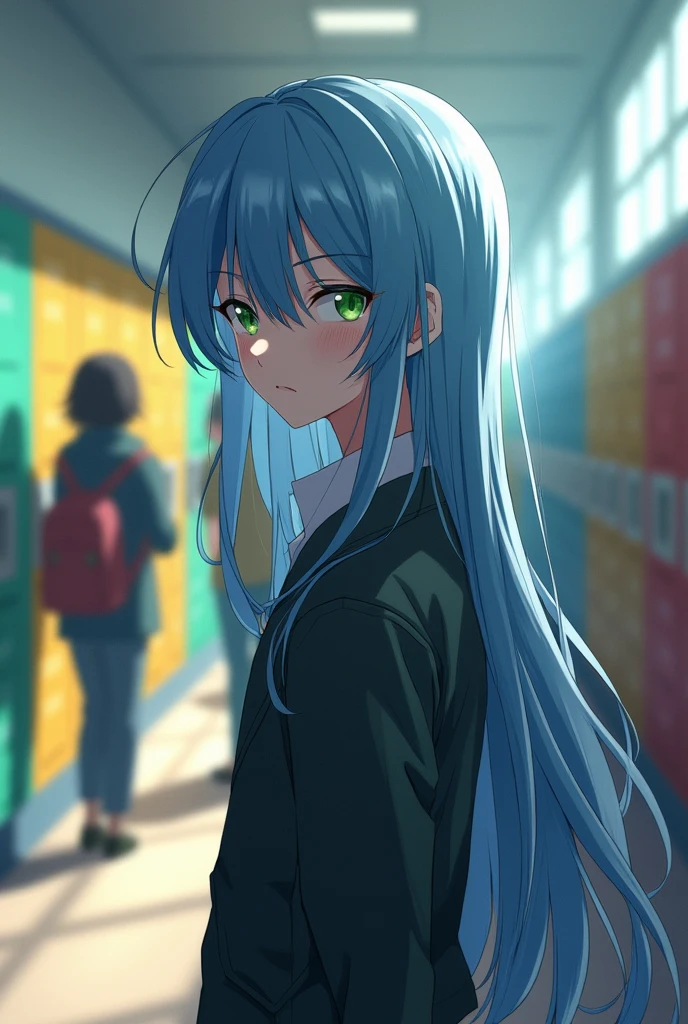 Male anime character high school student with blue long hair, covering his green eyes standing, looking sad 